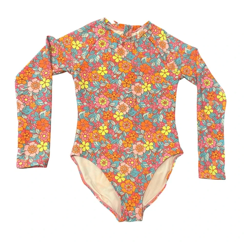 Cat & Jack Swimsuit Girls L 10/12 Pink Orange Floral Long Sleeve One Piece 1630
